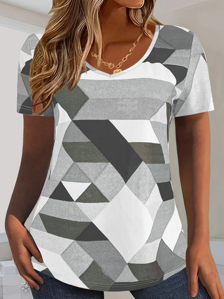 Damen V-Ausschnitt T-Shirt mit geometrischem Design und lässigem Schnitt WW
