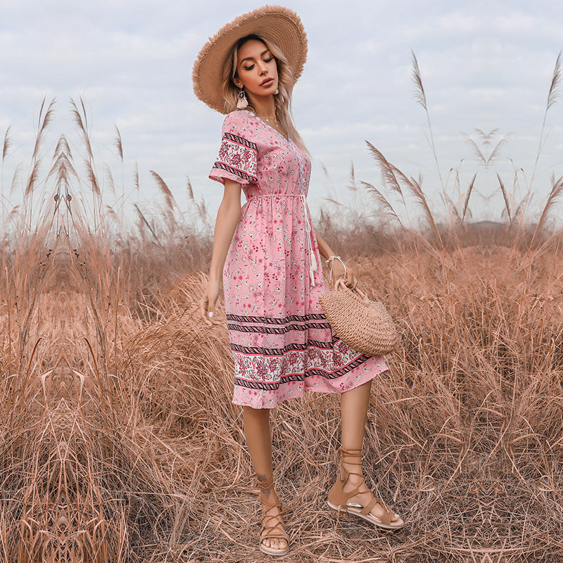 Damen Boho-Style Kleider mit Stickdetails und Taillenzugbund W&W Mode