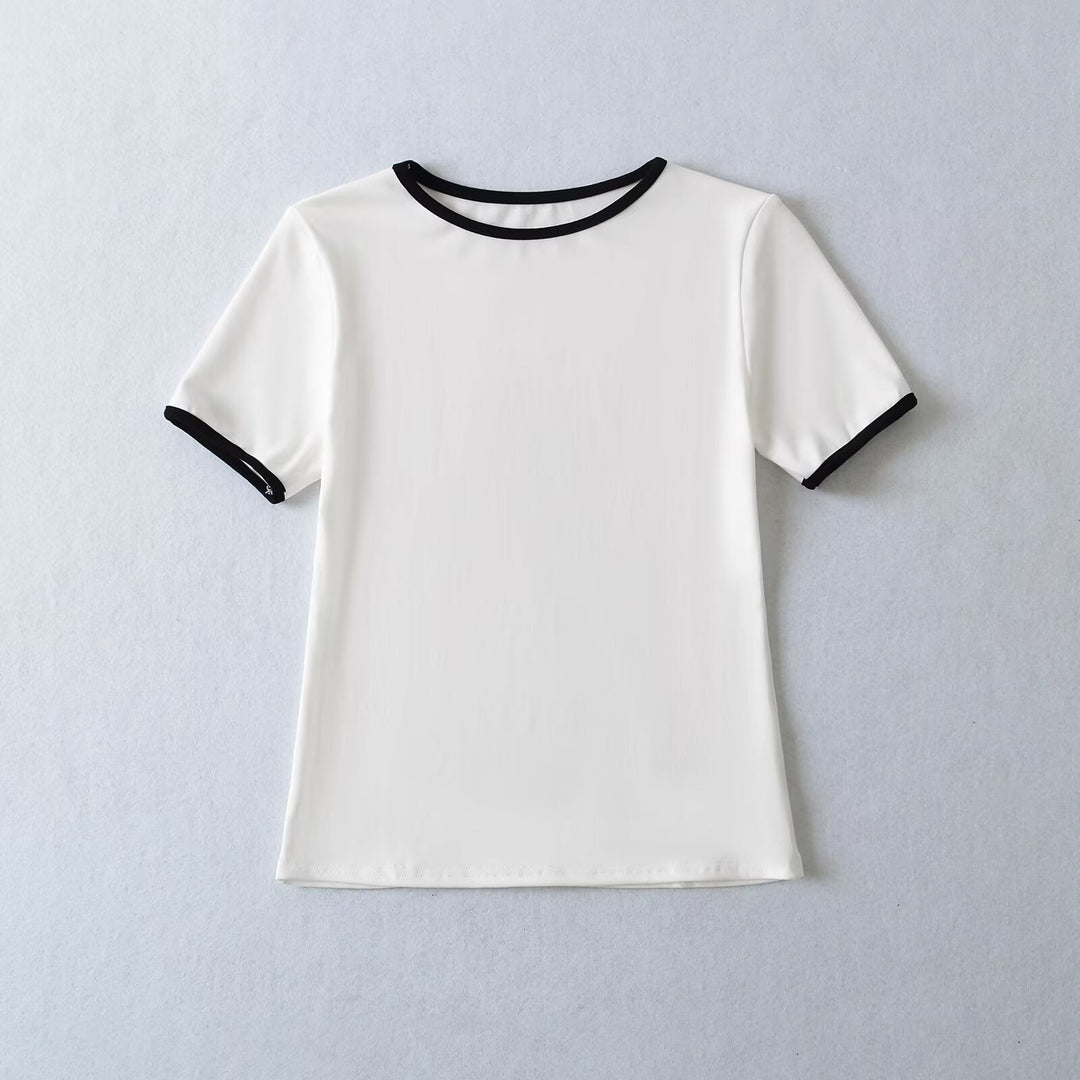 Damen klassisches T-Shirt mit kontrastierenden Ärmelabschlüssen und hochwertiger Baumwolle W&W Mode