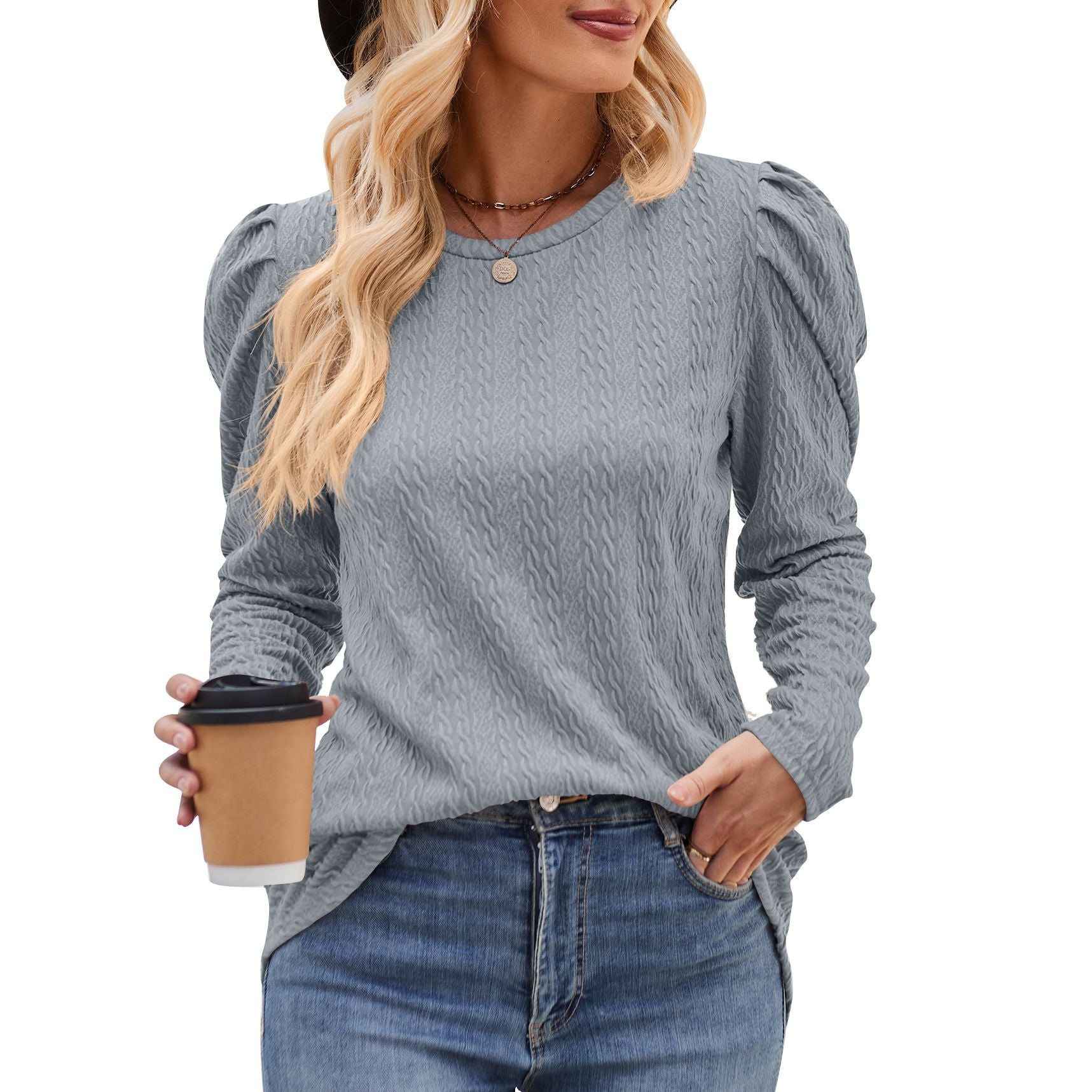 Damen elegantes Langarmshirt mit strukturiertem Muster und Puffärmeln WW