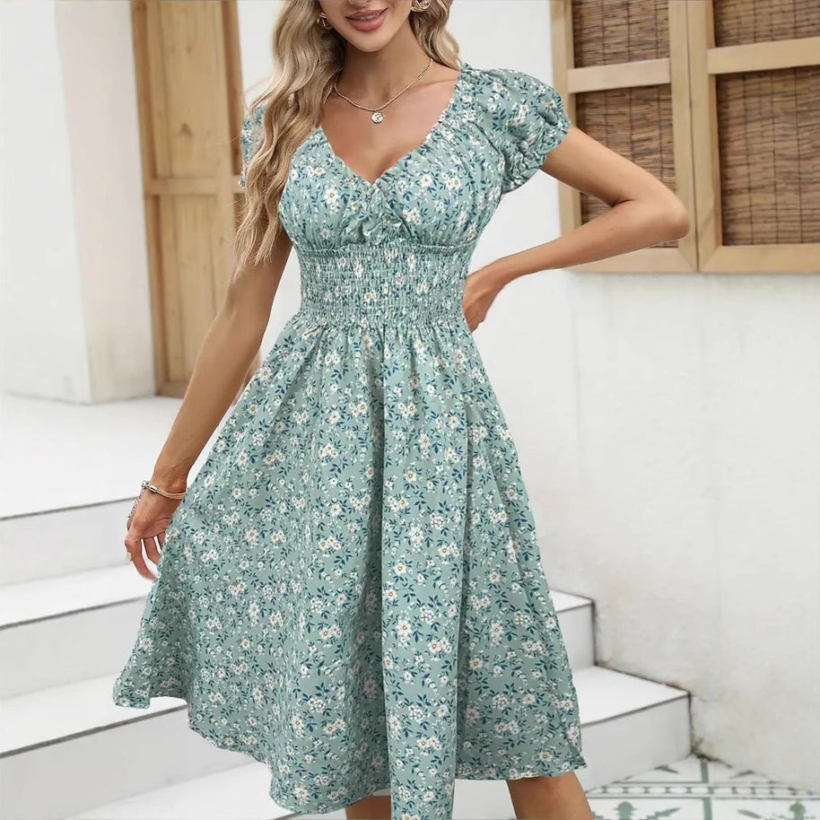 Damen Floral Midi-Kleid mit elastischem Bund und Puffärmeln WW