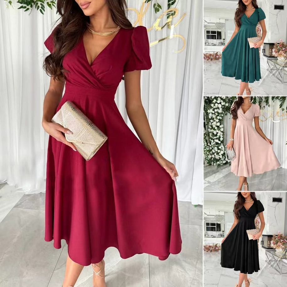 WW | Stylisches Pendeln Unifarbe V-Ausschnitt Puffärmel Kleid