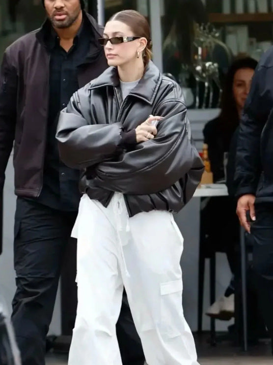 Damen Steppjacke aus Kunstleder mit hohem Kragen und elastischem Bündchen WW