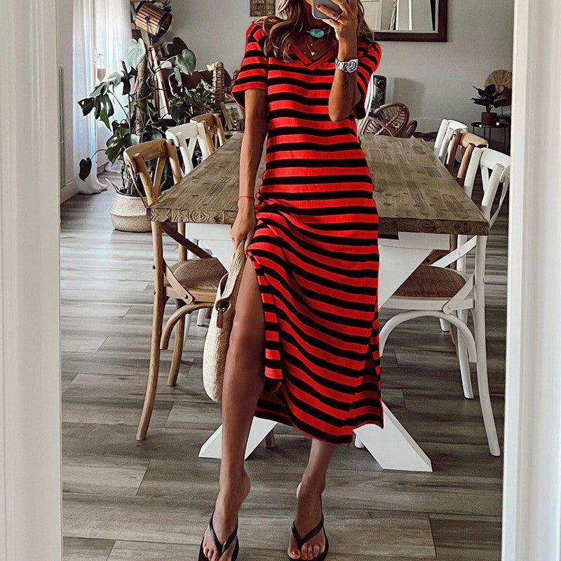 Damen lässiges Sommermaxikleid mit Streifen und Seitenschlitz WW