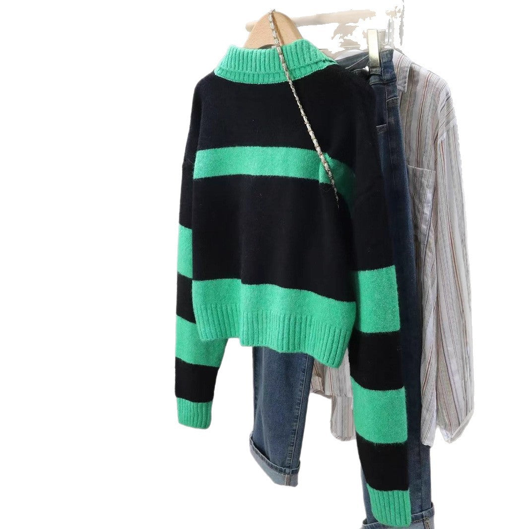 Damen Strickpullover mit tiefem V-Ausschnitt und gestreiftem Design WW