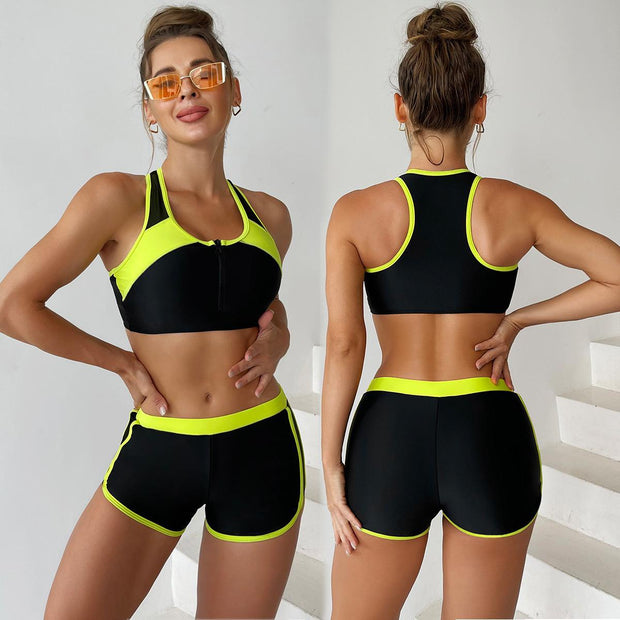 Damen Sport-Bikini-Set mit modischem Reißverschluss und kurzen Hosen WW
