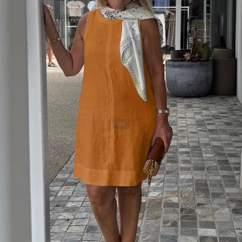 Damen Sommerkleid aus leichtem Leinenstoff mit modischem Halstuch WW