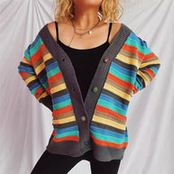 Damen Strickjacke mit buntem Streifenmuster und knöpfbarem Design WW