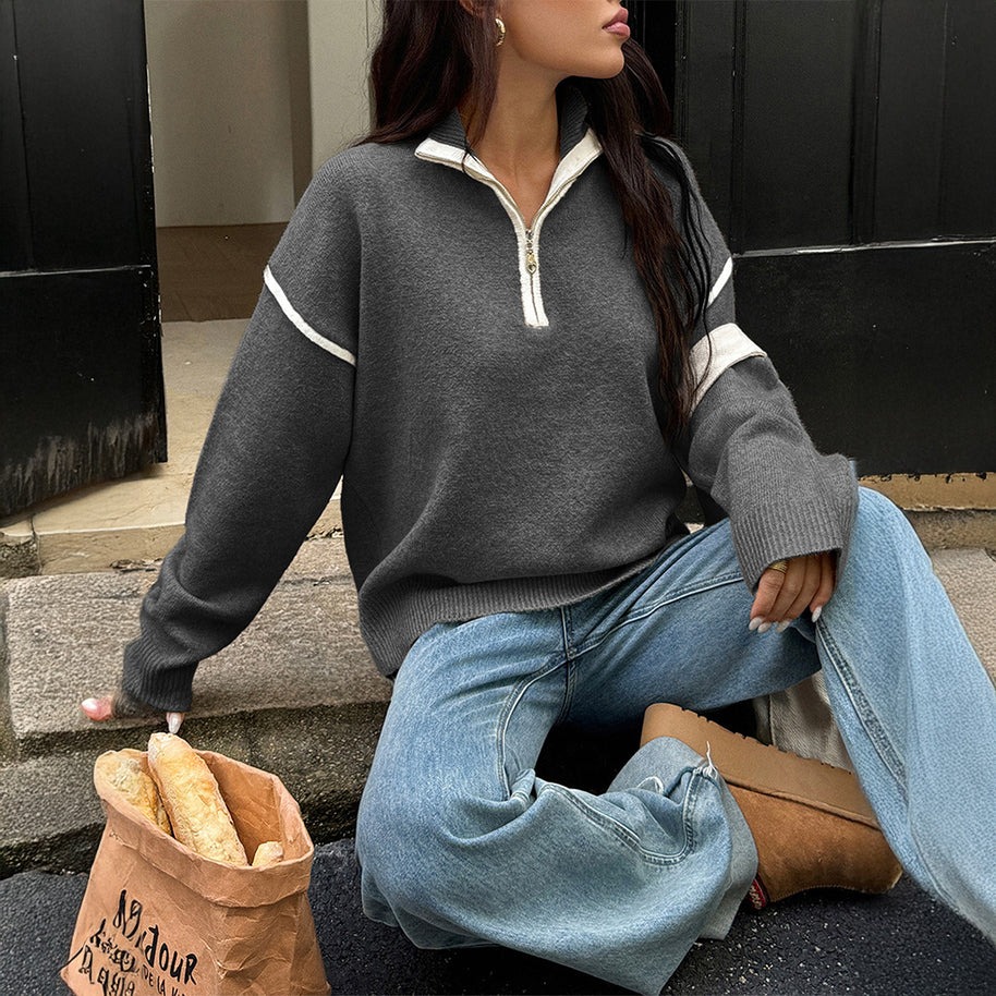 Damen Sportlicher Pullover mit halbem Reißverschluss und langen Ärmeln WW