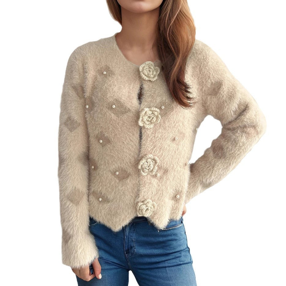 Damen Strickjacke mit floralen Applikationen und perlverzierter Detail WW