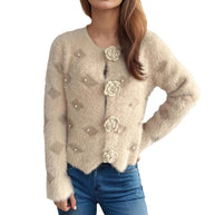 Damen Strickjacke mit floralen Applikationen und perlverzierter Detail WW