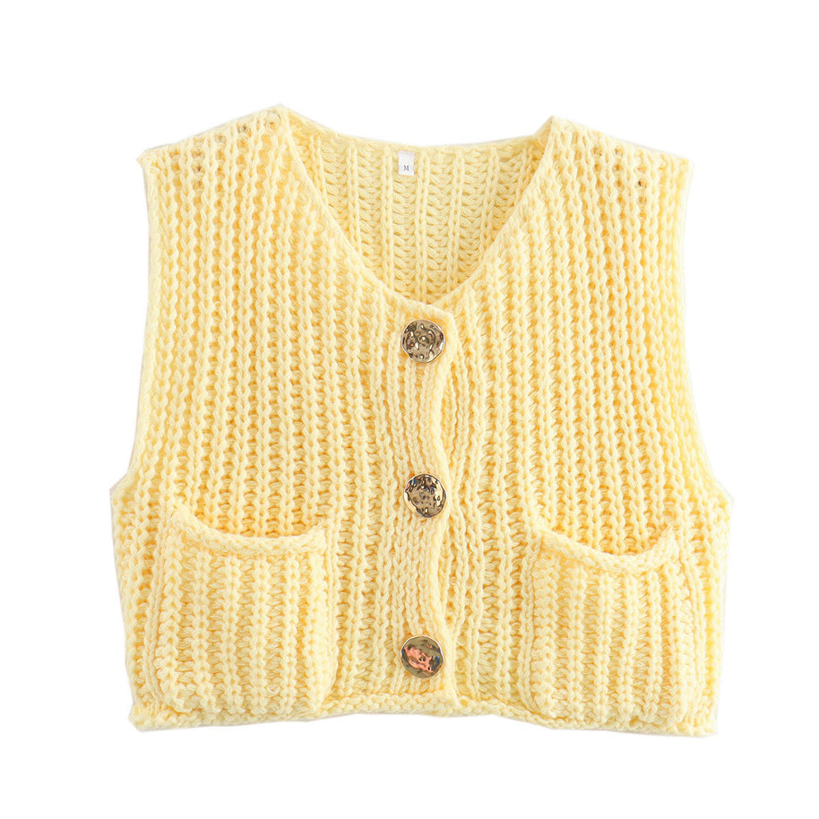 Damen Strickweste mit praktischen Taschen und dekorativen Holzknöpfen WW