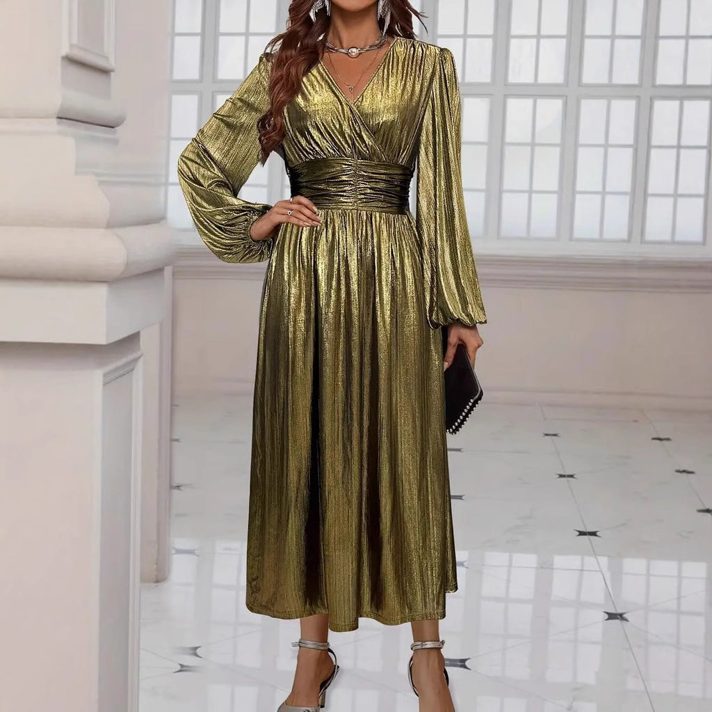 Damen Elegantes Midikleid mit metallischem Glanz und raffinierten Puffärmeln W&W