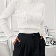 Damen Rippstrickpullover mit hohem Kragen und lässiger Passform WW