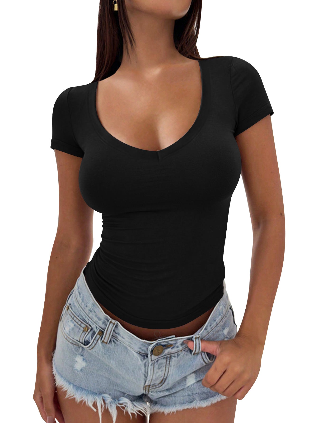 Damen figurbetontes V-Ausschnitt T-Shirt aus weichem Stretchmaterial WW