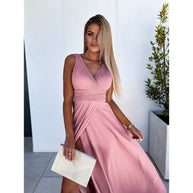 Damen Plissiertes V-Ausschnitt Abendkleid mit Hohem Schlitzdetail WW