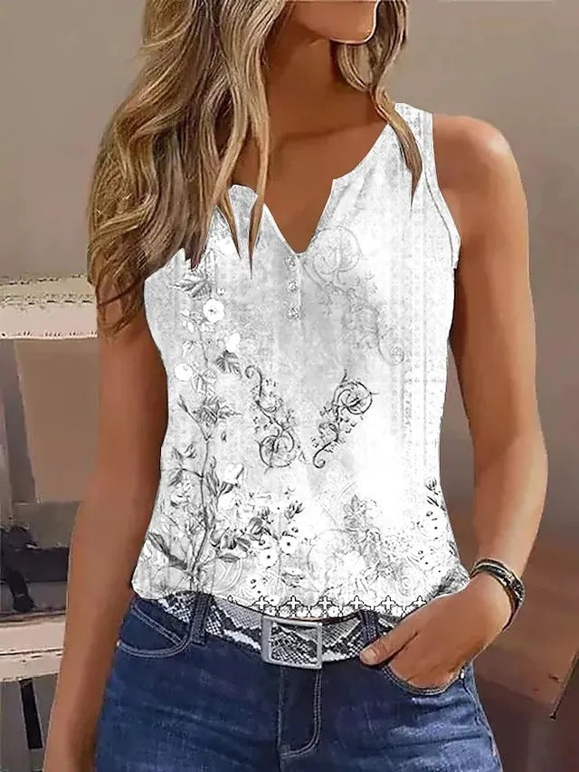 Damen ärmelloses Oberteil mit elegantem floralem Design und ausgefallenem V-Ausschnitt WW