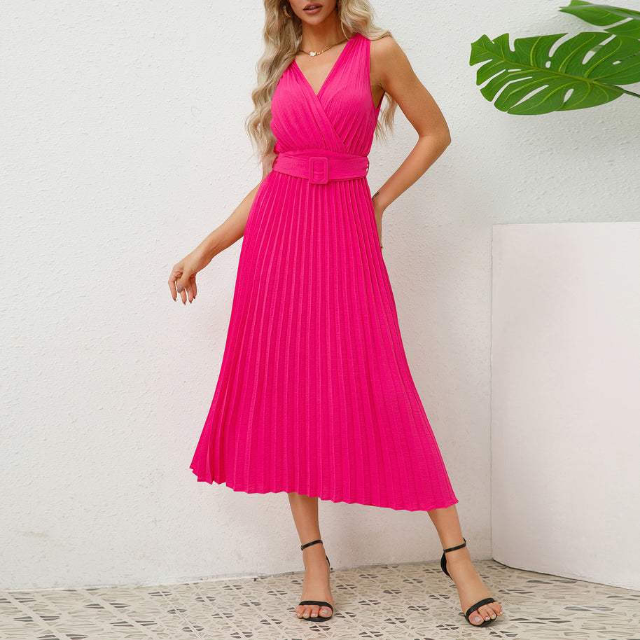 Damen Plissee Maxikleid mit taillierbarem Gürtel und elegantem V-Ausschnitt WW