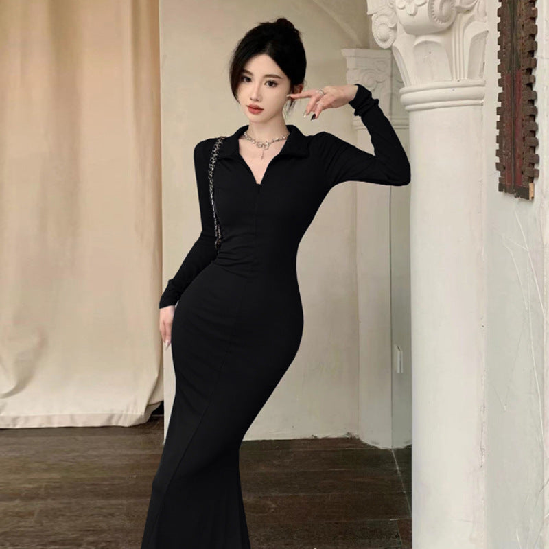 WW | Slim Fit Reißverschluss V-Ausschnitt Knielang Meerjungfrau Kleid