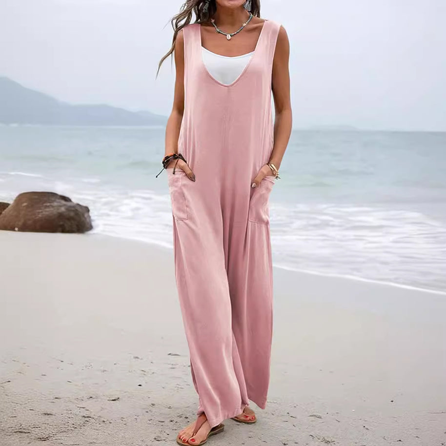Damen lässiger Jumpsuit mit weit geschnittenem Bein und komfortablen Taschen WW