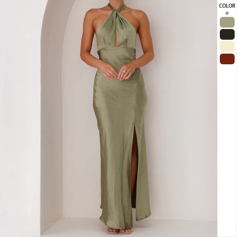 Damen Maxikleid mit elegantem Halterneck-Design und fließendem Satin-Finish WW