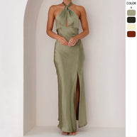 Damen Maxikleid mit elegantem Halterneck-Design und fließendem Satin-Finish WW