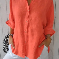Damen lässige Bluse aus Leinen mit Knopfleiste und seitlichen Taschen WW