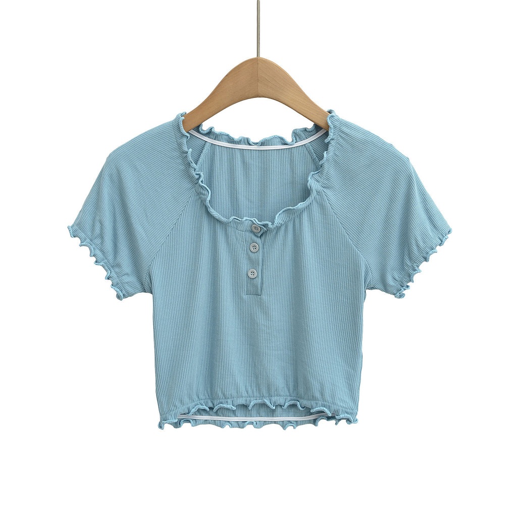 Damen cropped T-Shirt mit Rüschendetails und Knopfleiste WW