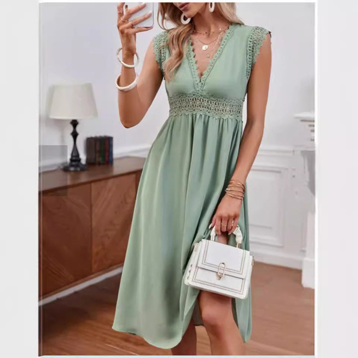 Damen-Midikleid mit V-Ausschnitt, Spitze und kurzen Ärmeln
