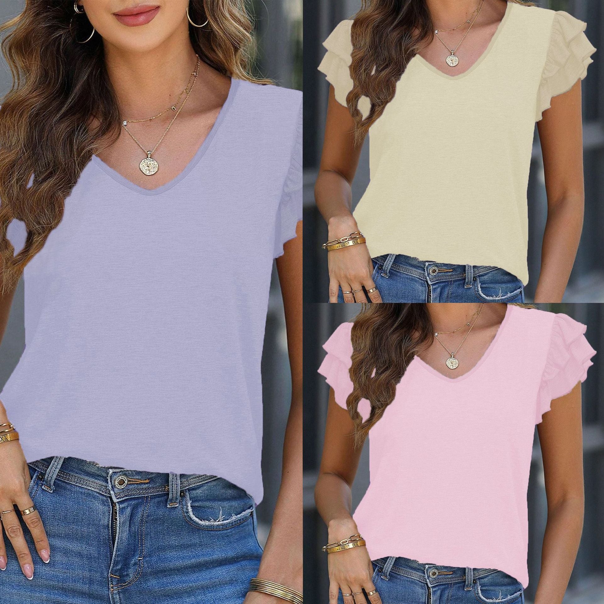 Damen V-Ausschnitt T-Shirt mit Rüschendetails und weich fließendem Stoff WW