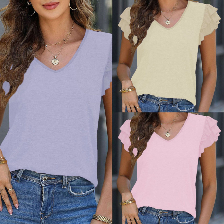 Damen V-Ausschnitt T-Shirt mit Rüschendetails und weich fließendem Stoff WW