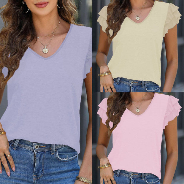 Damen V-Ausschnitt T-Shirt mit Rüschendetails und weich fließendem Stoff WW