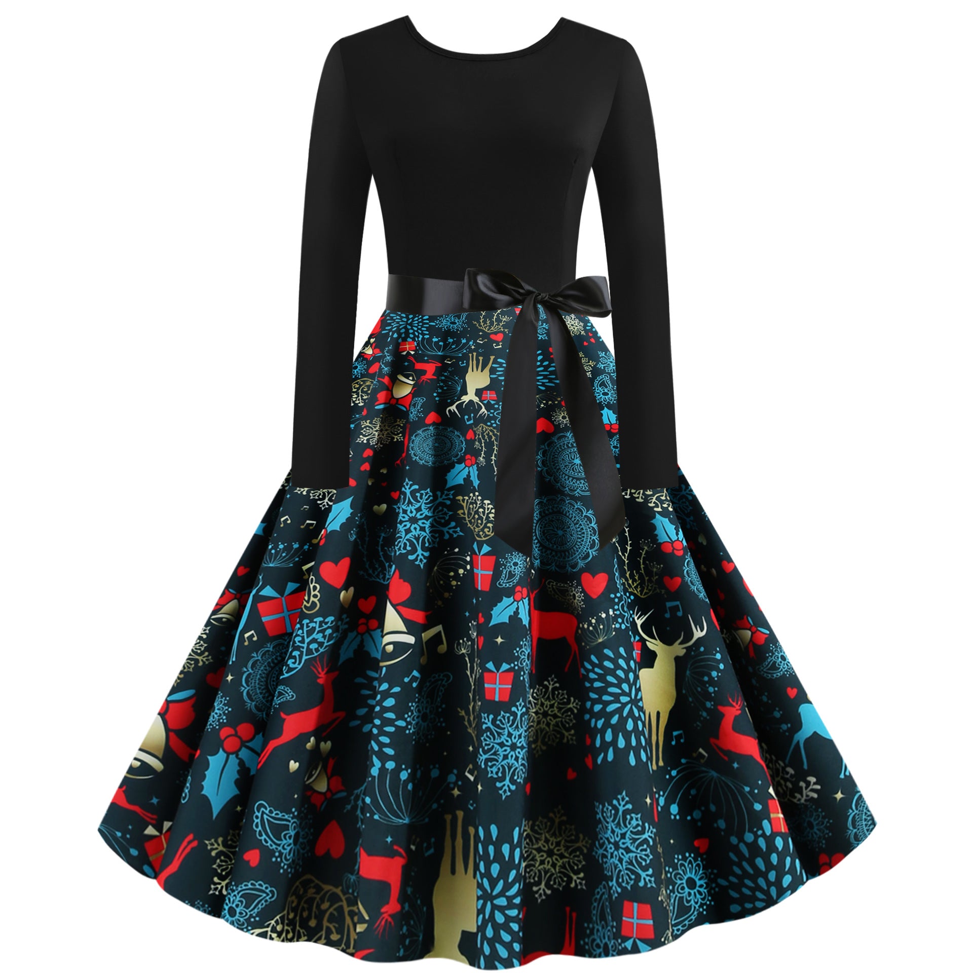 Damen Rock mit buntem Weihnachtliche Muster und eleganter Taillenbindung WW