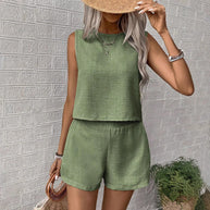 Damen lässiges Sommer-Outfit in hochwertigem Material mit ärmellosem Top und Shorts WW