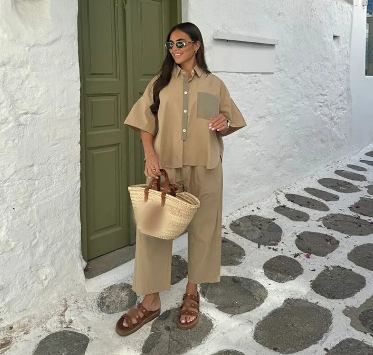 Damen lässiger Zweiteiler mit schickem Hemd und weiten Hosen W&W Mode