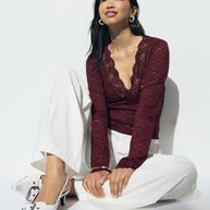 Damen Spitzenlangarm-Top mit V-Ausschnitt WW