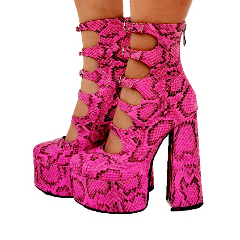WW | Wasserdichte Plateau High Heels Schuhe Damen Dicke Ferse Schlangengurt