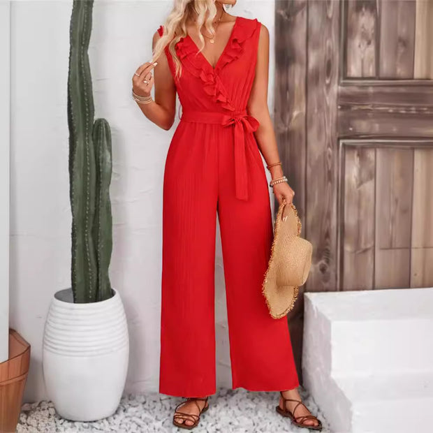 Damen eleganter Jumpsuit mit Rüschendetails und Taillengürtel W&W