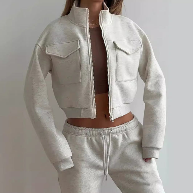 Damen sportliches Zweiteiler Set mit hohem Kragen und praktischen Taschen WW