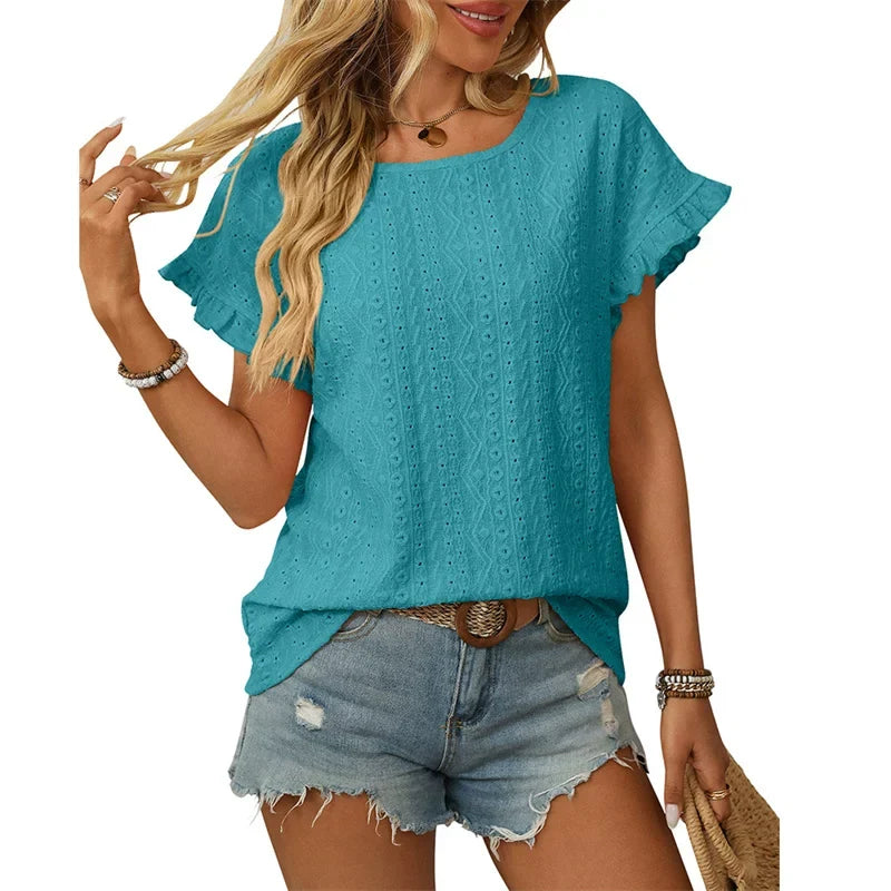 Damen Chiffonbluse mit Spitzenärmeln und feinem Lochmuster W&W Mode