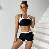 Damen Sport-Bikini-Set mit modischem Reißverschluss und kurzen Hosen WW