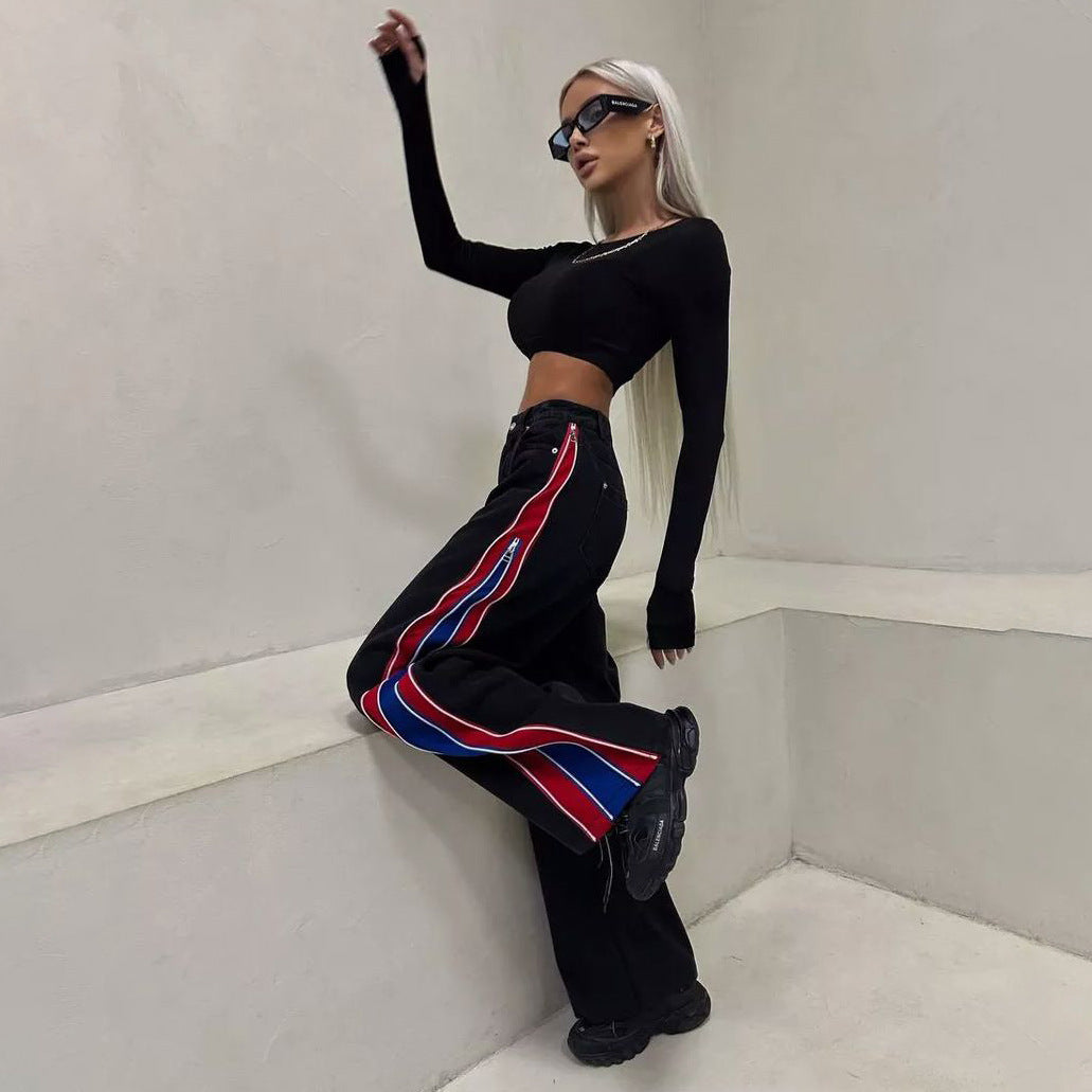 Damen Sportliches Crop-Top mit langen Ärmeln und farbigen Seitenstreifen WW