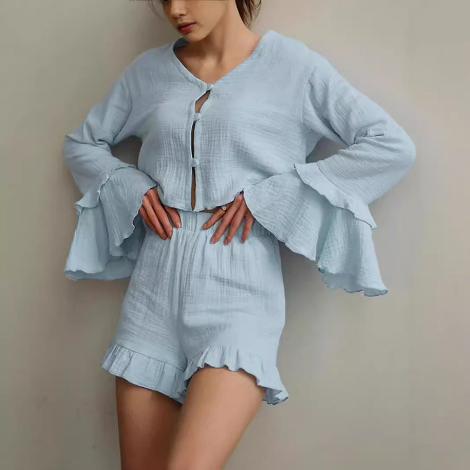 Damen Set aus luftiger Bluse und Shorts mit Volants WW