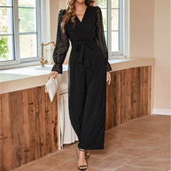 Damen Eleganter Jumpsuit mit taillierbarem Gürtel und transparenter Ärmeloptik WW