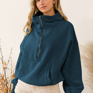 Damen sportlicher Kapuzenpullover mit halbem Reißverschluss und funktionalen Taschen WW