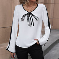 Damen Bluse mit dekorativem Schleifenkragen und kontrastierenden Ärmelabschlüssen WW