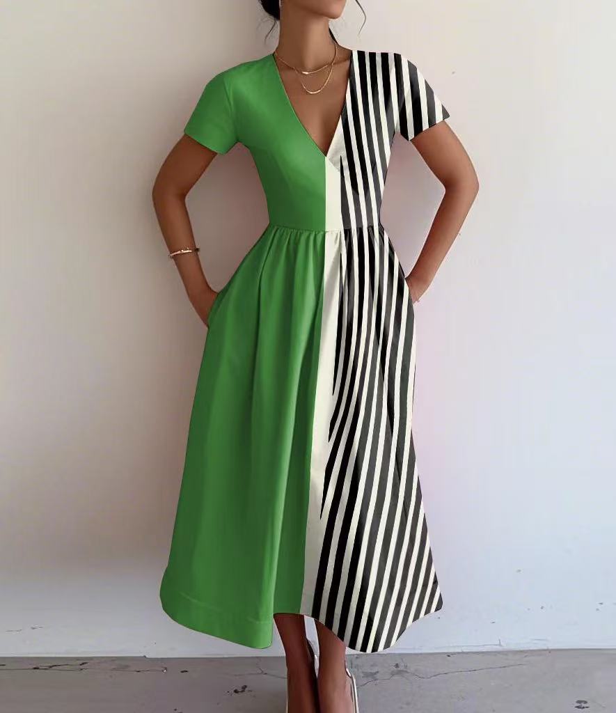 Damen Maxikleid mit tiefem V-Ausschnitt und modischem Streifenmuster WW