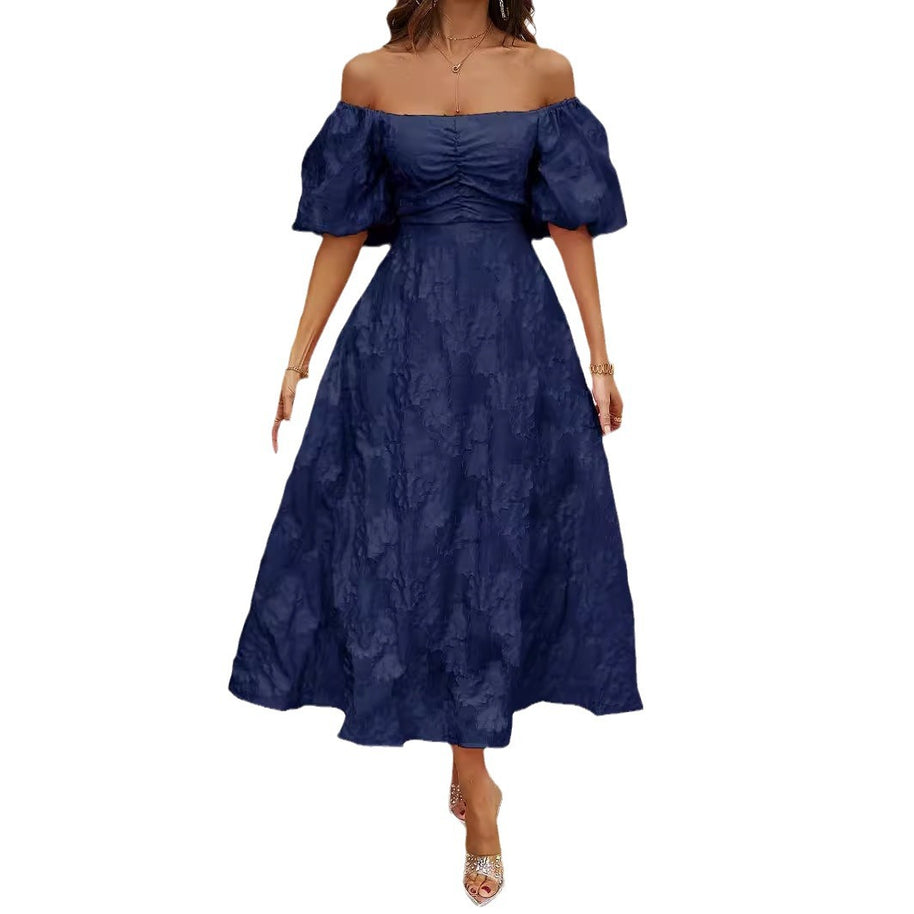 Damen elegantes Maxi-Kleid mit floralem Relief und schulterfreiem Design WW