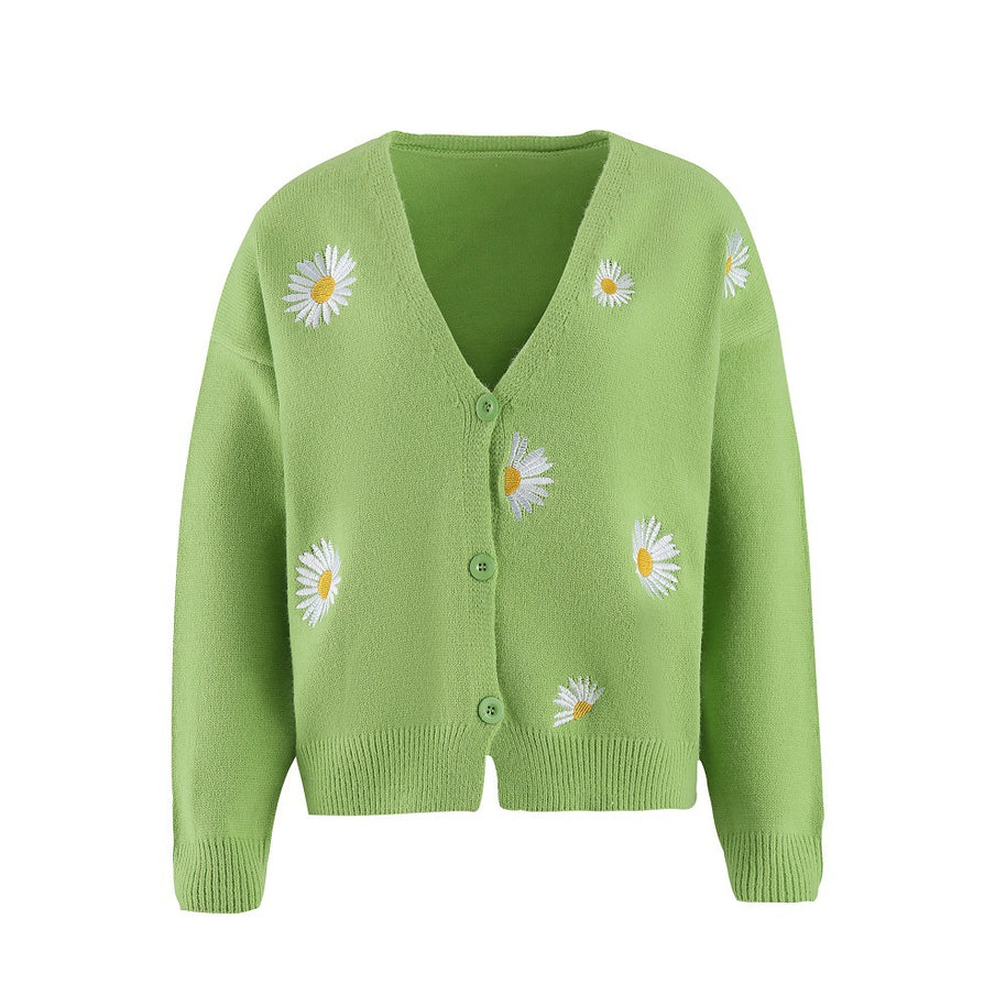 Damen Strickjacke mit Blumenstickerei und V-Ausschnitt WW