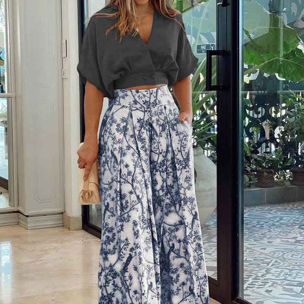 Damen Crop-Top Kombi-Anzug mit weitem Rock und floralem Muster WW